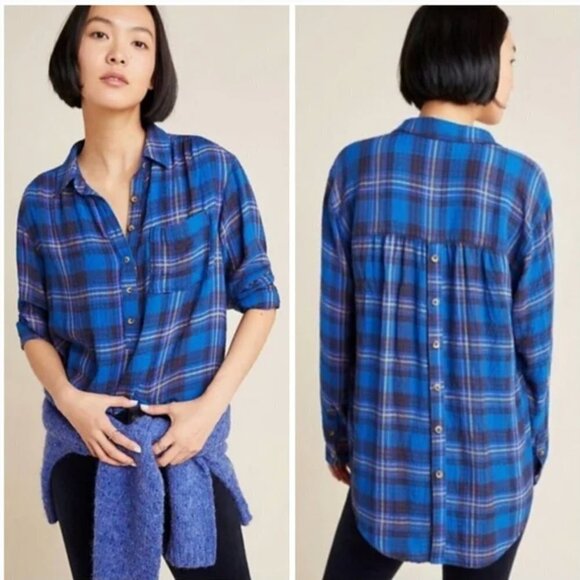 Anthropologie Women Top Small‎ Isadora Blue Plaid Flannel Popover Button Down - Picture 1 of 11